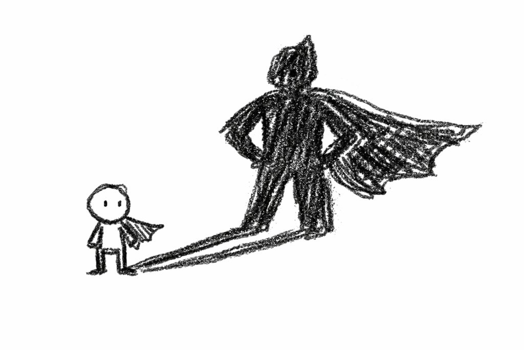 A doodle of a tiny hero figure with cape shadow effect, father’s day doodle sketch ideas