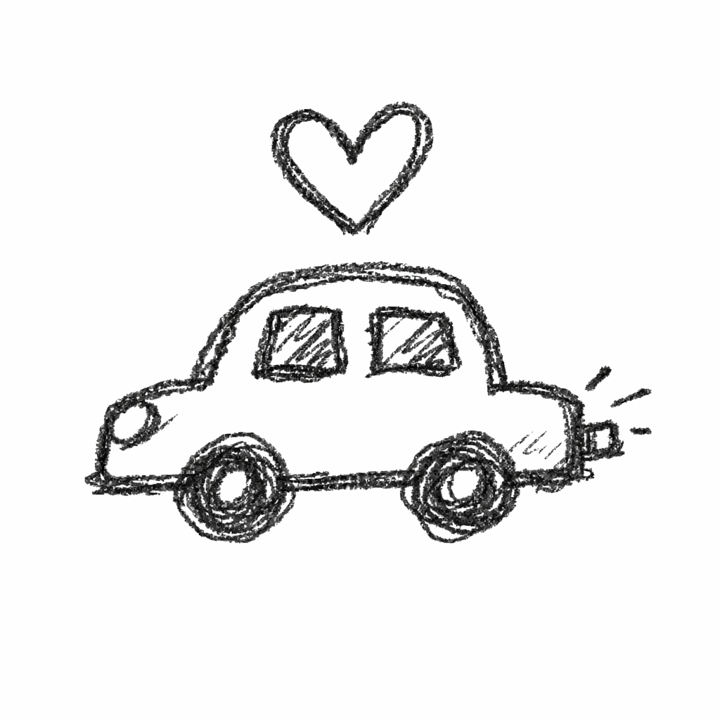 A doodle of a simple car with floating heart above it, father’s day doodle coloring pages printable