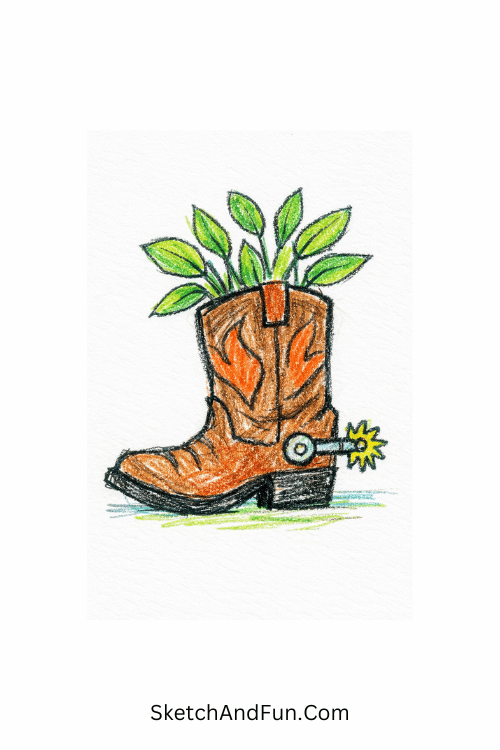 Boot planter with leaves growing in western style, western doodles printable
