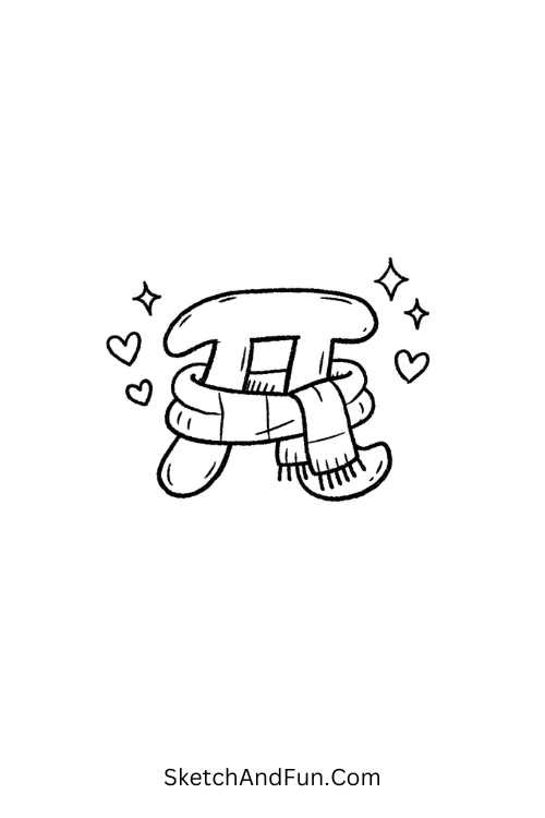 A cozy π symbol wrapped in a warm scarf with hearts and sparkles around it, Math symbols doodles