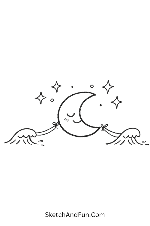 Crescent moon pulling waves with sparkles in night sky, Sea doodles aesthetic
