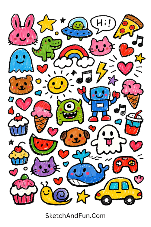 Cute cartoon doodles sheet with Posca pen doodle art ideas full of tiny playful icons