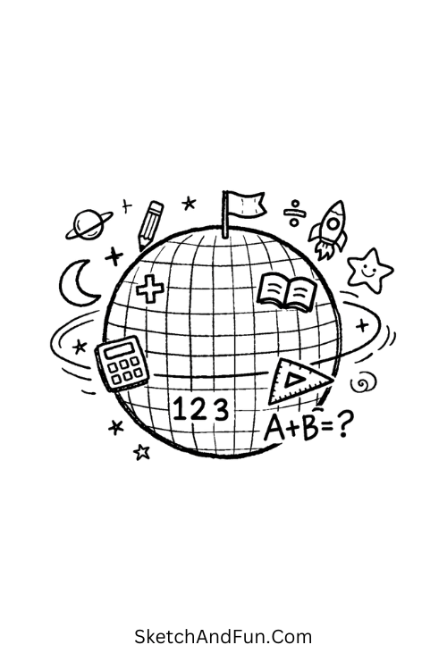 Small planet made from graph paper lines and math icons floating around it, Math sketch ideas