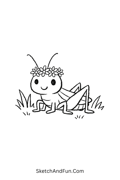 Tiny grasshopper with a daisy flower crown sitting on grass, Bug doodle drawing