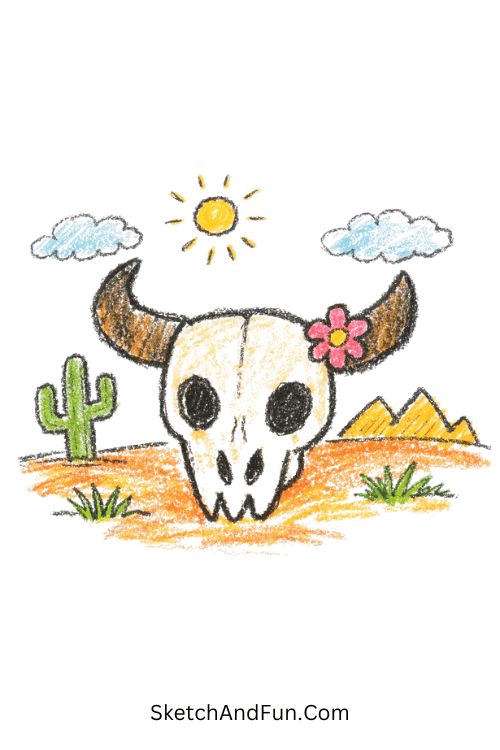 Cow skull with small flower soft western style, simple western doodles