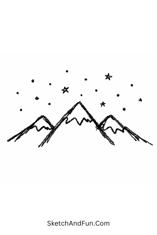 A doodle of simple mountains under dotted stars night sky, mountain doodle art
