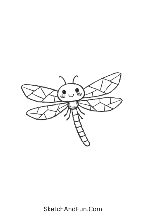 Minimal dragonfly with geometric glass wings and blush cheeks, Minimal bug doodles