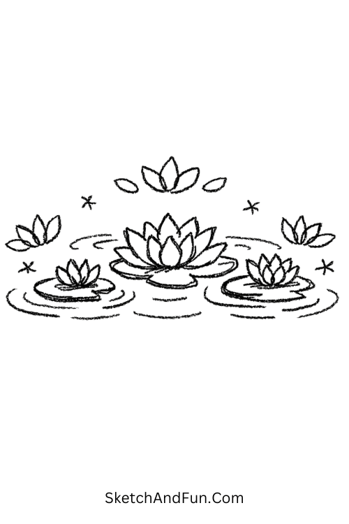 zen doodle art floating lotus garden with soft ripples and petals