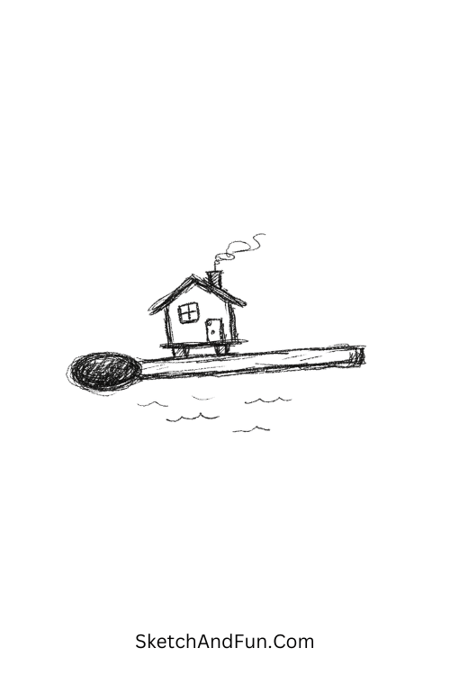 Floating matchstick house in soft minimal style, simple doodles aesthetic for beginners
