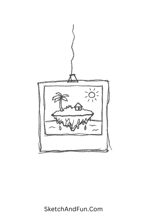 Polaroid frame holding tiny floating island, simple aesthetic drawing doodles ideas