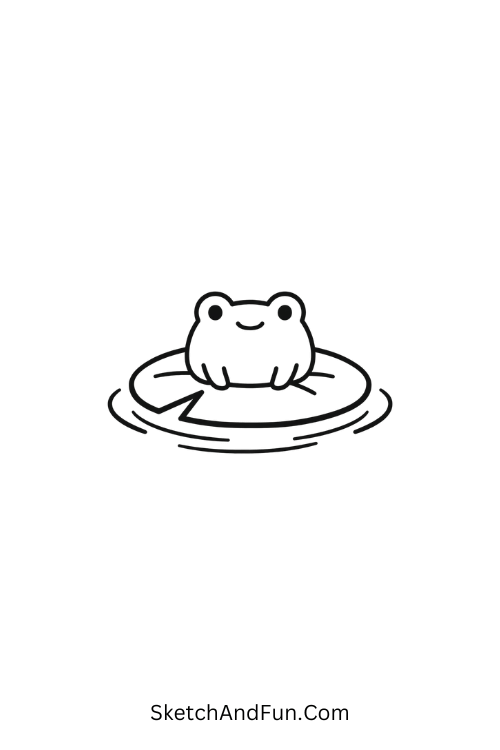 Frog sitting on lily pad with ripples, garden doodles
