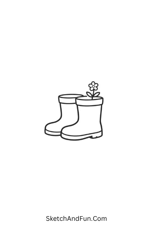 Rain boots with blooming flower inside, garden themed doodles