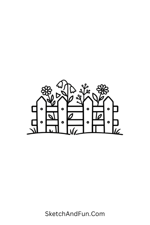 Wooden fence with wildflowers growing, garden line art