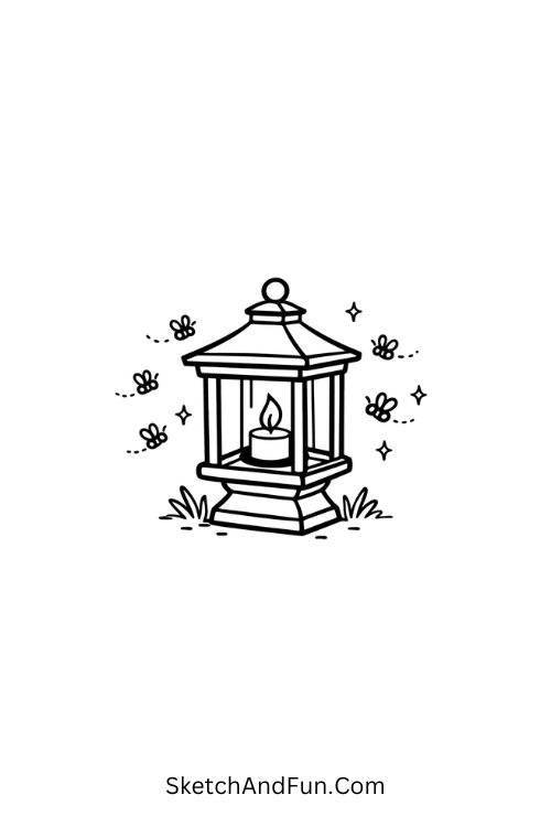Small lantern with floating bugs around, garden sketch ideas