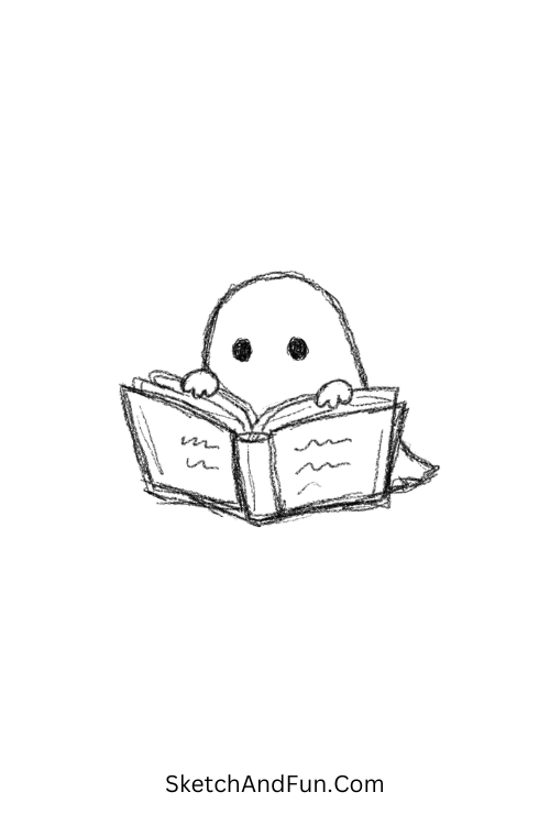Tiny ghost reading big book calmly, aesthetic doodles for sketchbook