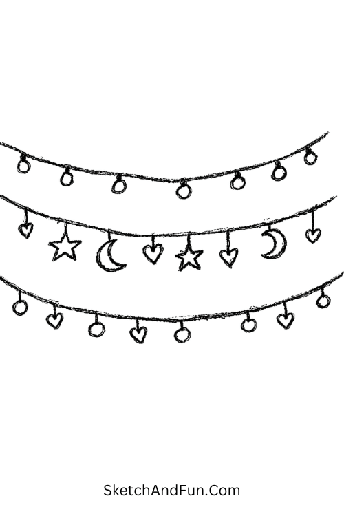 A doodle of fairy lights with stars and moons, scrapbook border doodles