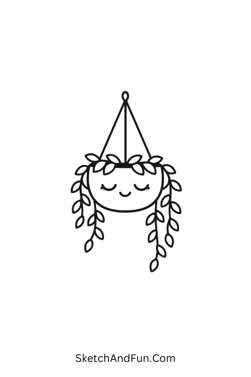 Smiling hanging plant pot with vines, cute plant doodles