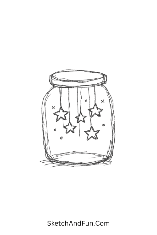 Glass jar with floating hanging stars, black and white aesthetic doodles