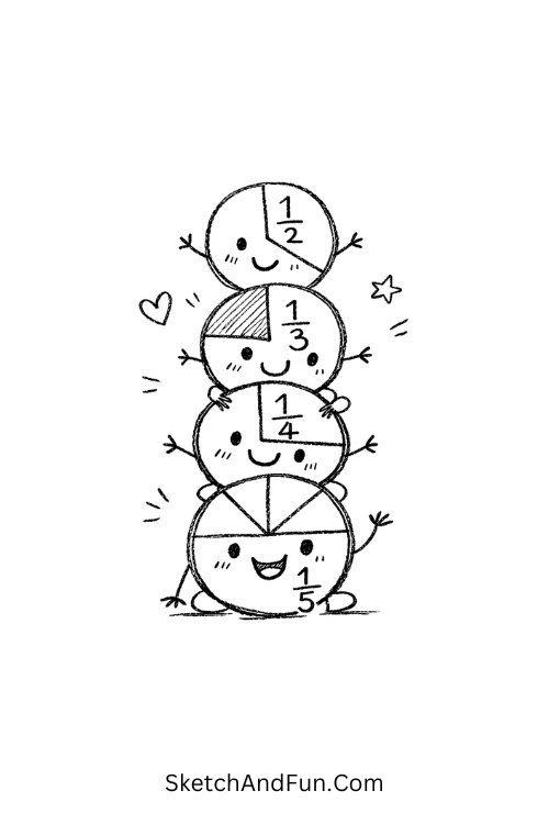 Friendly fraction characters stacked together showing parts of a whole, Fraction doodles
