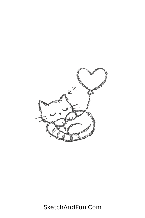Cute sleepy cat holding heart balloon, simple doodles love aesthetic