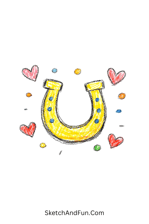 Simple horseshoe with hearts and dots for luck theme, western doodles