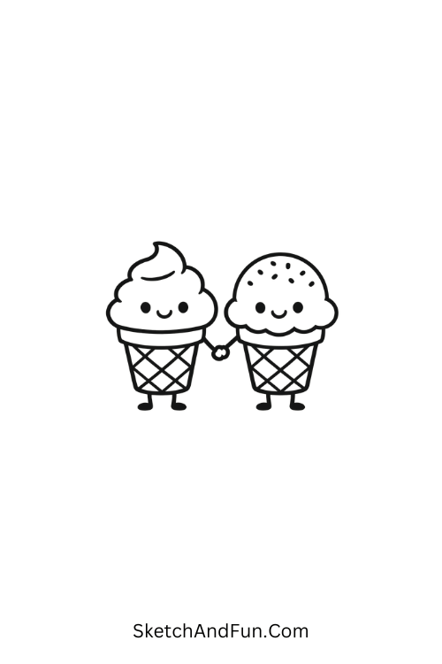 A drawing of two cute ice cream cones holding hands, june drawing cute
