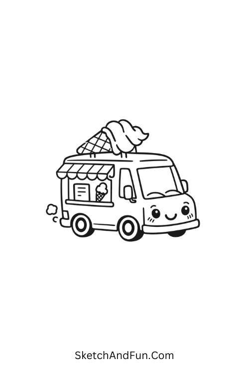 A drawing of a cute ice cream truck with face, june drawing topics