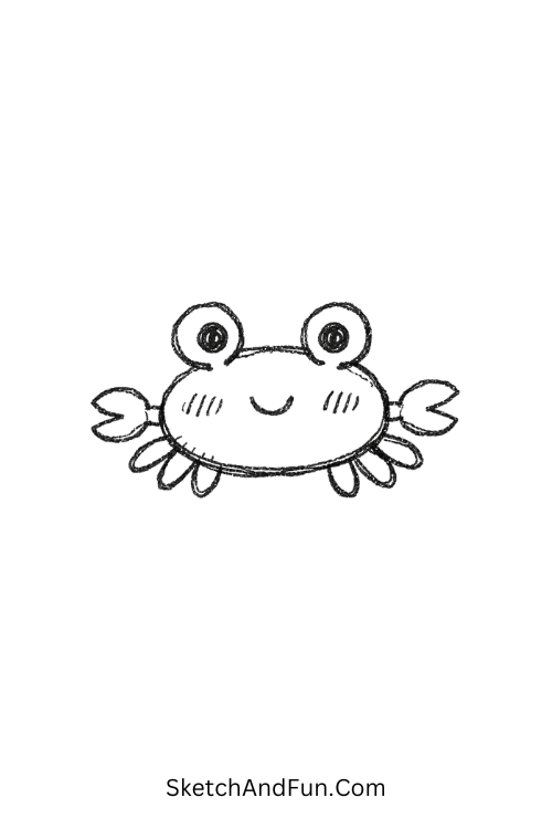 Blushing kawaii crab walking sideways with tiny claws, Sea creature doodles