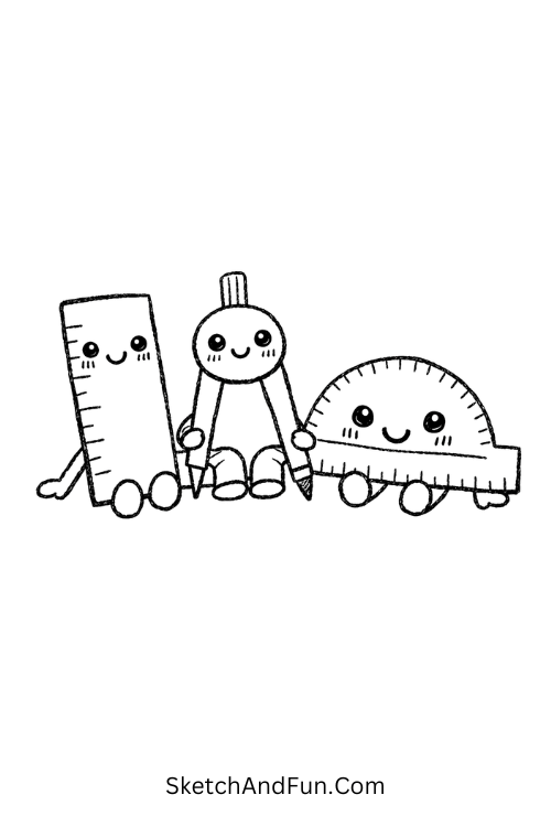 Cute geometry tools like ruler, compass, and protractor with faces sitting together, Geometry doodles