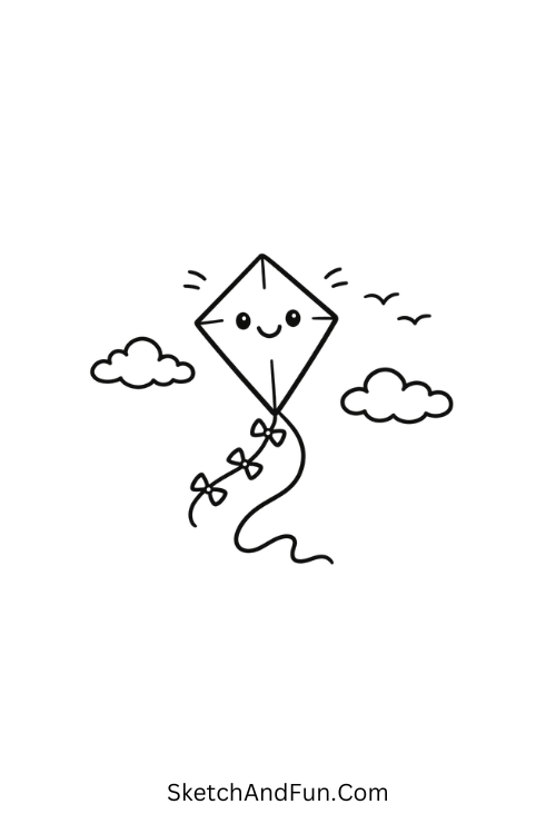 A drawing of a kite flying with a happy face, june festival drawings