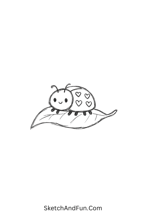 Tiny ladybug with heart spots sitting on a curved leaf with flowers, Ladybug doodle art