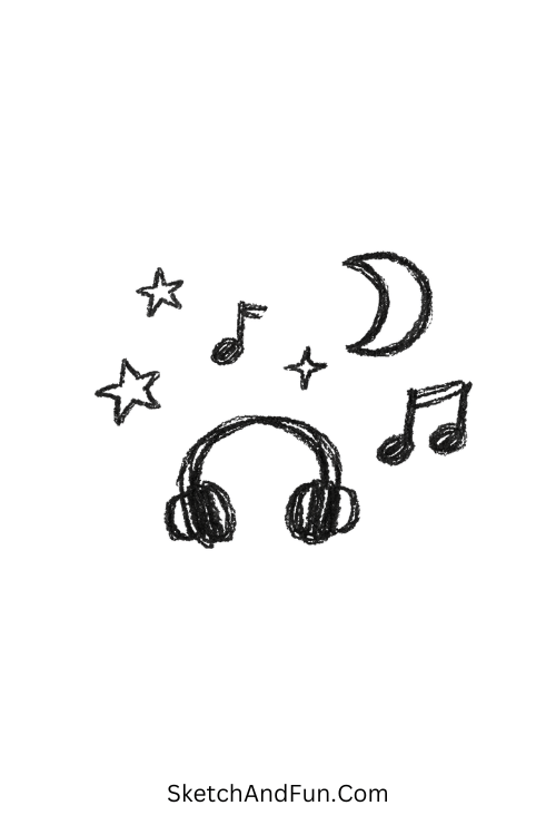 A doodle of headphones, moon, stars and music notes, scrapbook doodle drawings