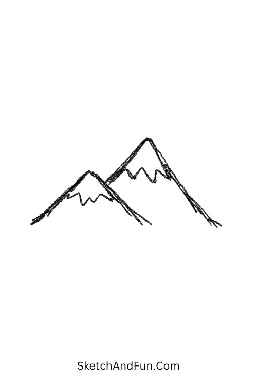 A doodle of layered overlapping mountain peaks, mountain range sketch easy