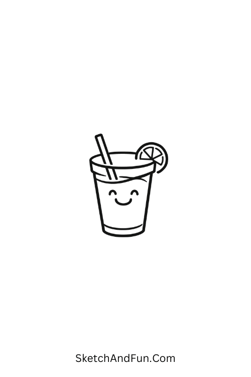 A drawing of a lemonade glass with straw and lemon slice, june doodle ideas