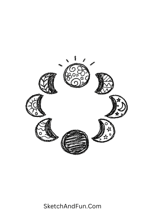 zen doodle tutorial step by step moon phases arranged in circular pattern