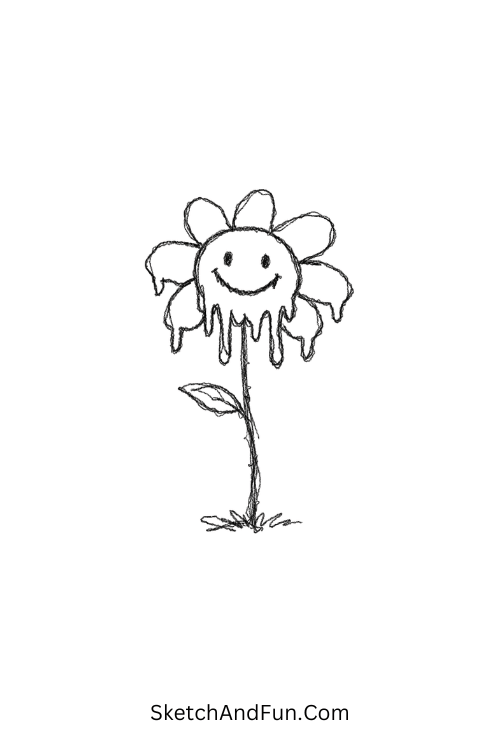 Smiling flower melting like wax in cute style, cute simple doodles aesthetic