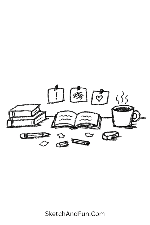 A doodle of a messy study desk with books and coffee, scrapbook drawing ideas