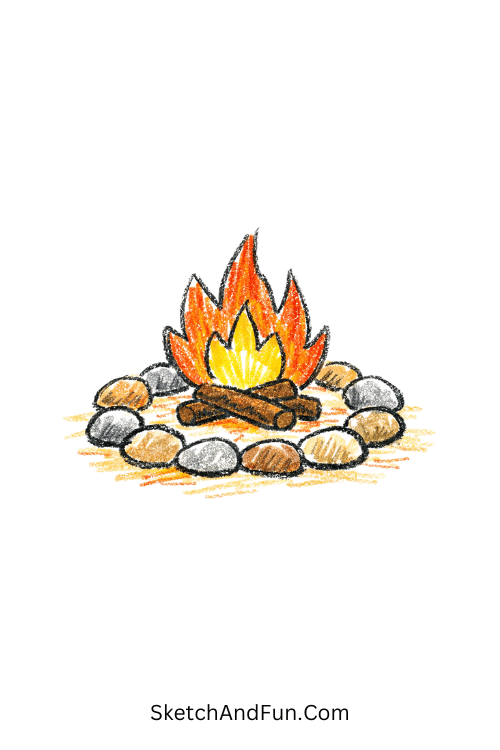 Tiny desert fire with stones and simple flames, cowboy doodles easy