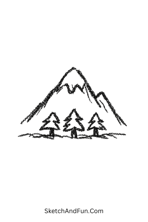 A doodle of a small mountain with tiny trees at the base, nature mountain doodles