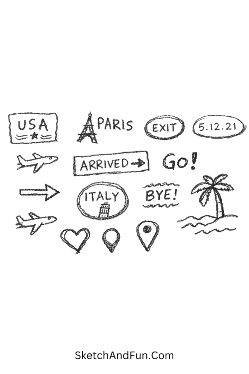A doodle of travel stamps, planes, arrows and pins scattered, scrapbook doodles patterns