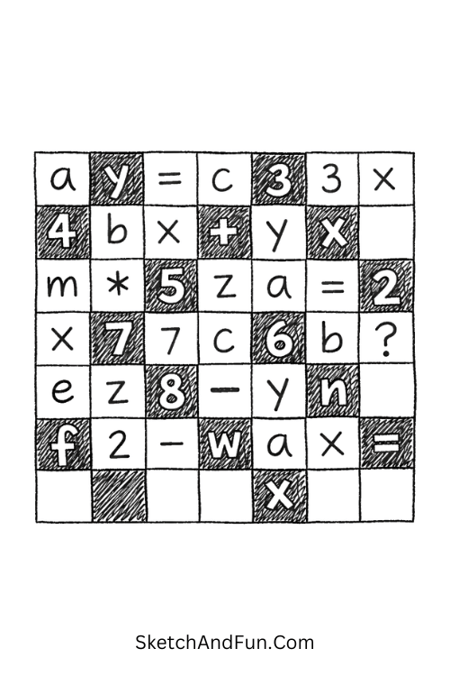 Minimal chessboard mixed with algebra letters in a clean and simple layout, Math drawing ideas