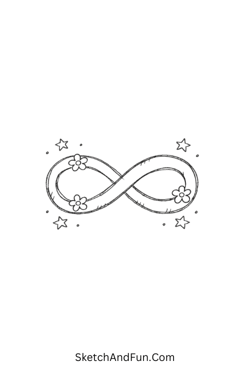 Simple infinity symbol decorated with tiny flowers and stars in a clean style, Easy math doodles