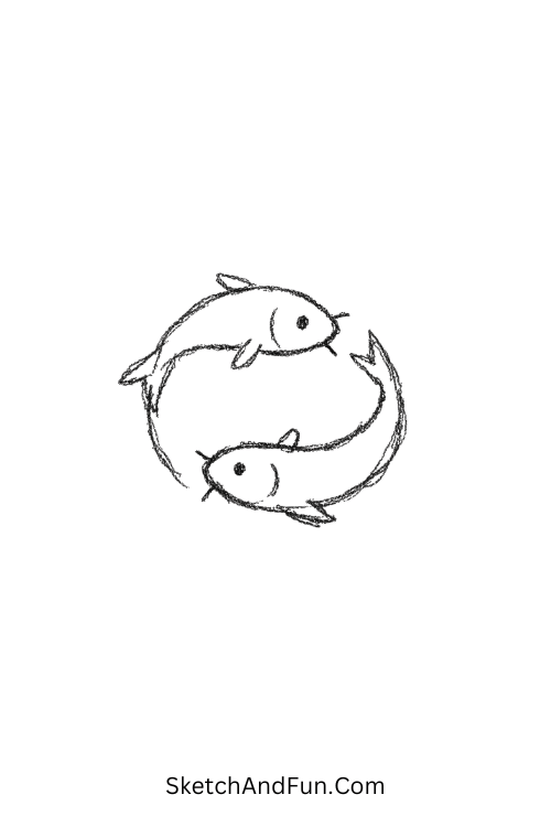 Two koi fish forming circle yin-yang flow, minimalist doodles aesthetic