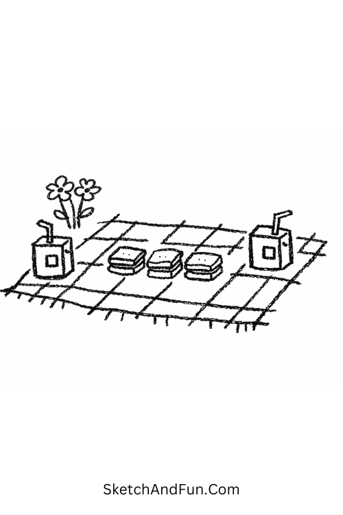 A doodle of picnic setup with food and cloth, simple scrapbook doodles