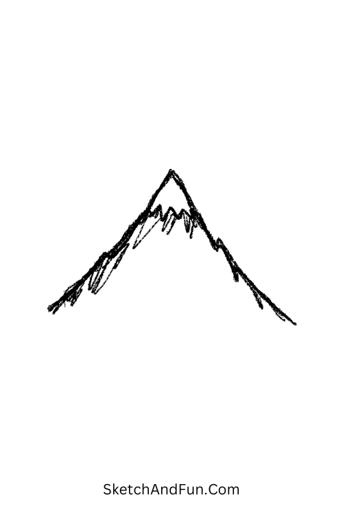 A doodle of a sharp peak with a light snow tip on top, minimalist mountain drawing
