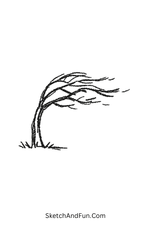 Zen drawing easy concept of tree bending in calm wind flow