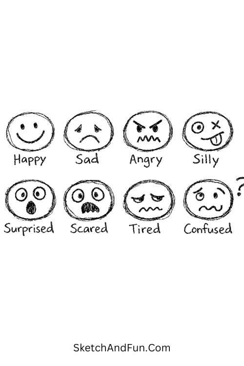 A doodle of emotion faces showing different moods, scrapbook doodle drawings