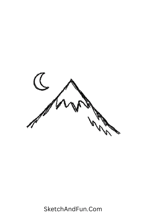 A doodle of a soft mountain under a crescent moon night sky, aesthetic mountain doodles