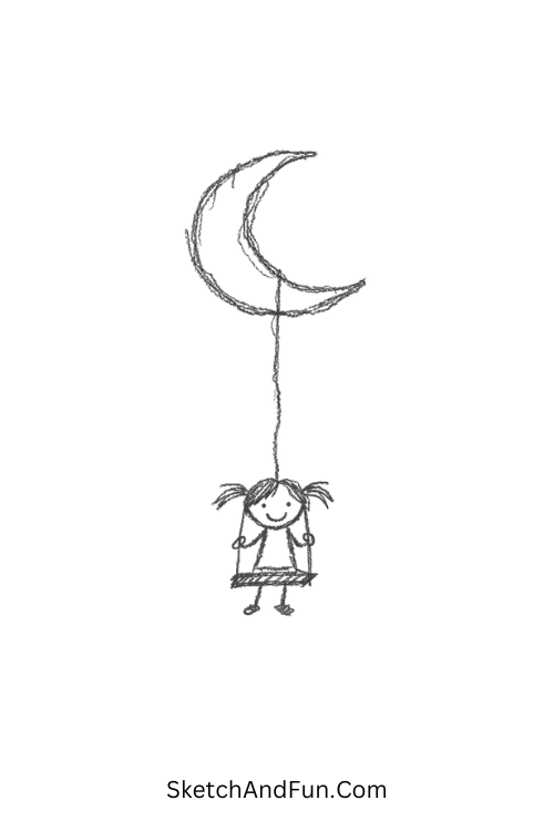A tiny crescent moon with girl on swing in calm night sky, relaxing aesthetic doodle ideas