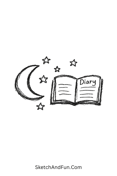 A doodle of moon beside diary with floating stars, scrapbook doodles for beginners